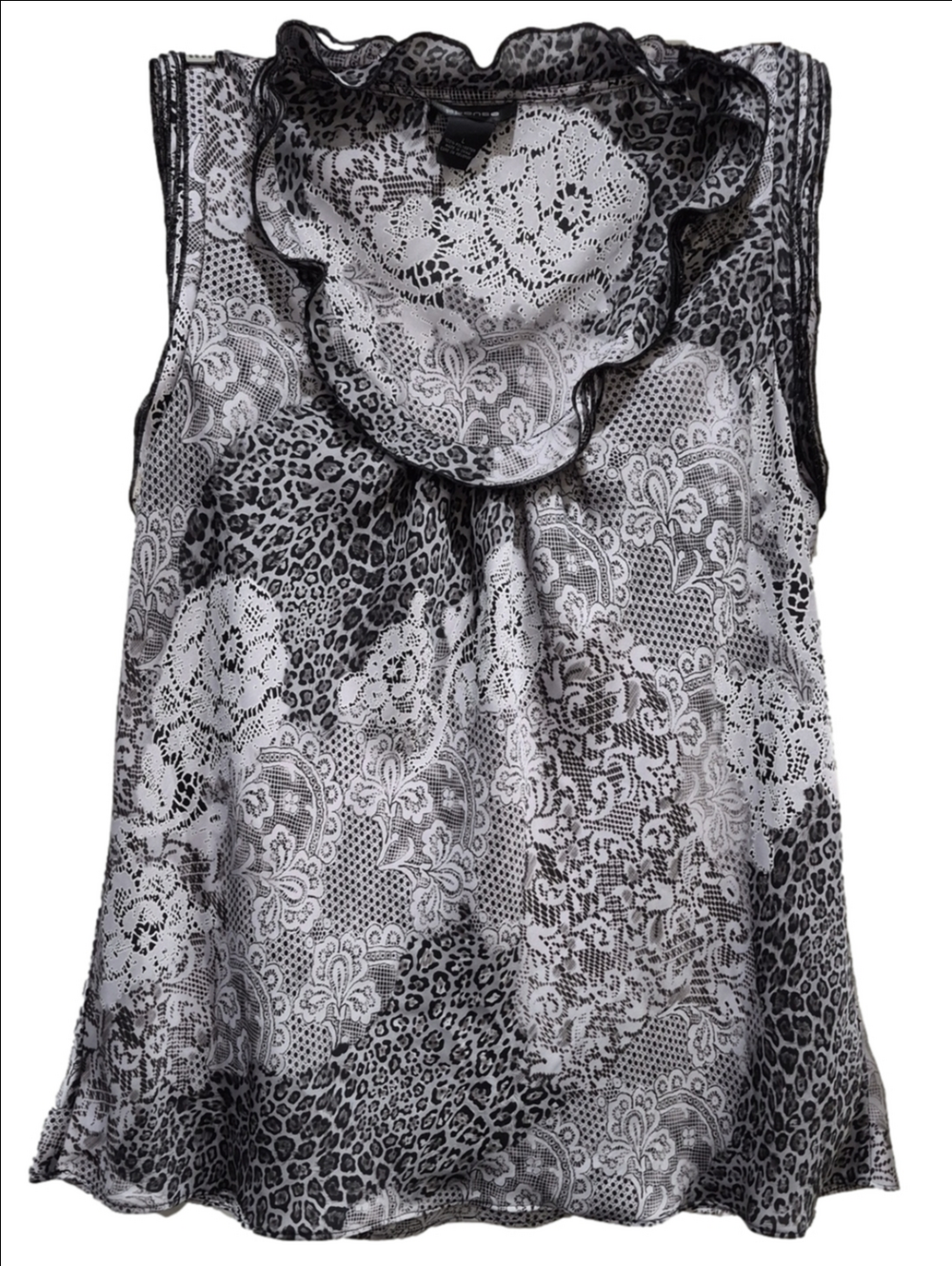 Spense Black & White Mixed Print Ruffle Neck Sleeveless Blouse L